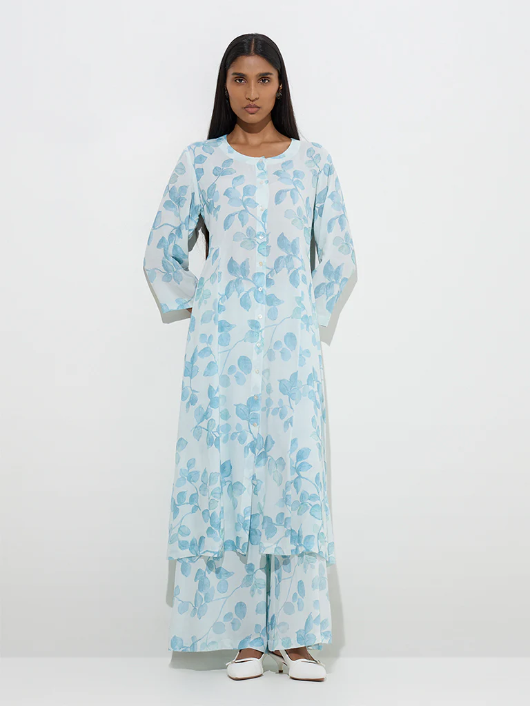Zuba Blue Botanical Design A-Line Kurta - Image 2
