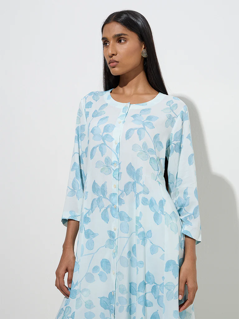 Zuba Blue Botanical Design A-Line Kurta - Image 3
