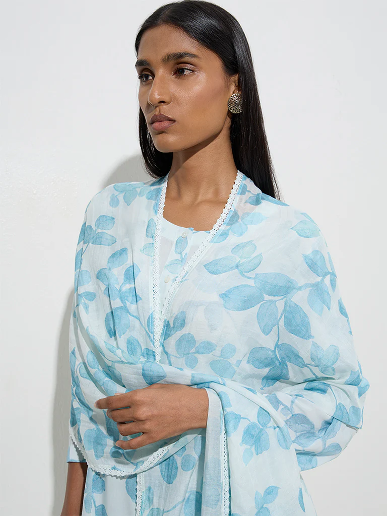 Zuba Blue Botanical Design Stole - Image 2