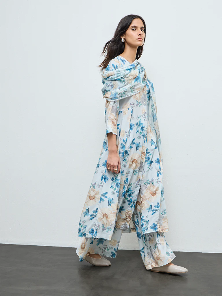 Zuba Blue Floral Printed A-Line Kurta