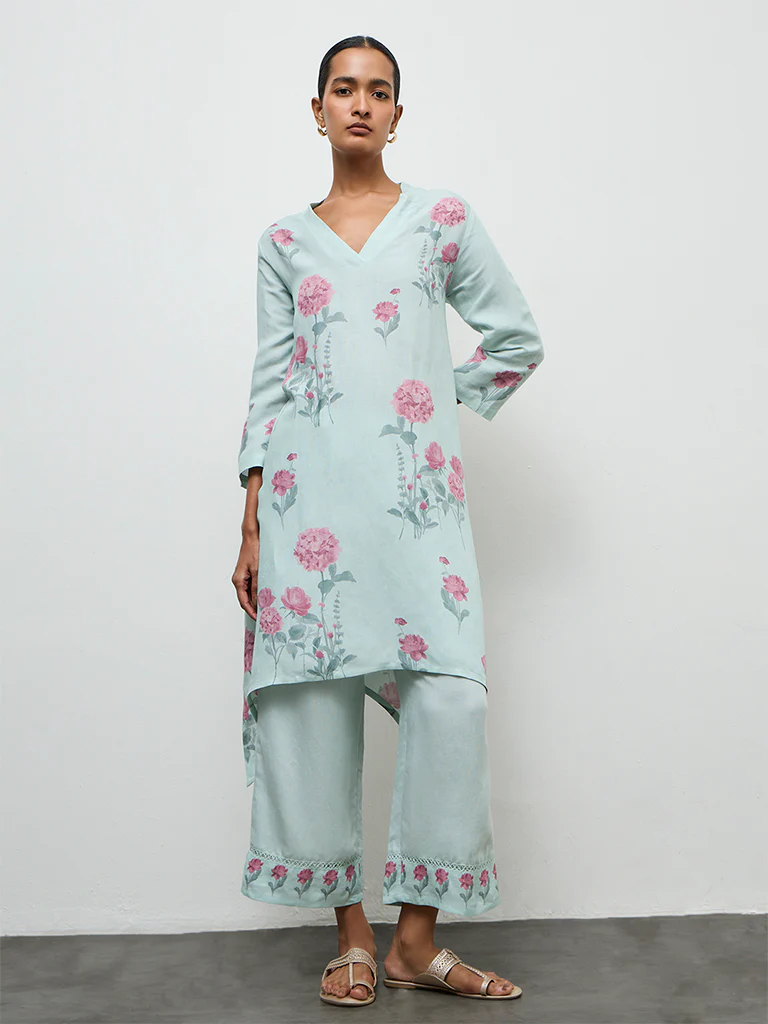 Zuba Blue Floral Printed A-Line Kurta