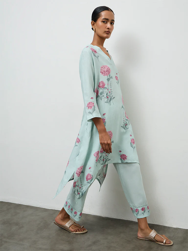 Zuba Blue Floral Printed A-Line Kurta - Image 2