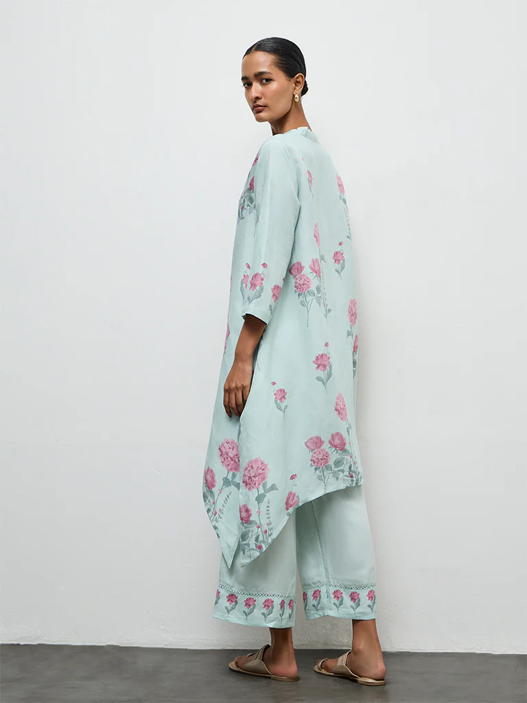 Zuba Blue Floral Printed A-Line Kurta - Image 4