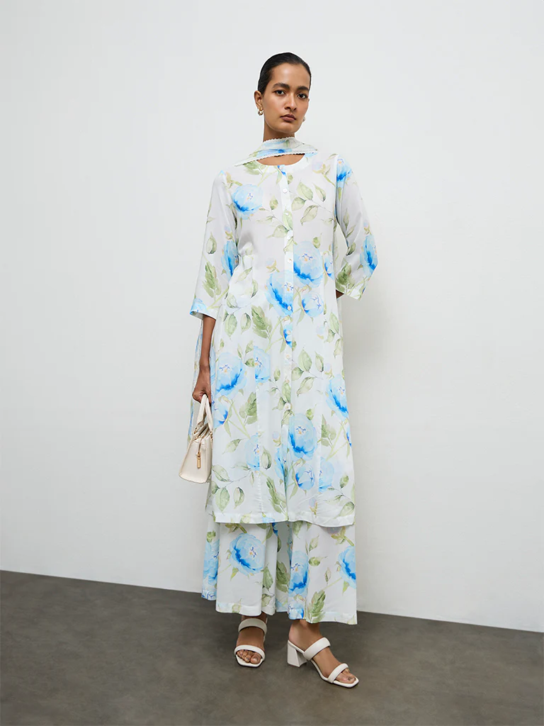 Zuba Blue Floral Printed A-Line Kurta