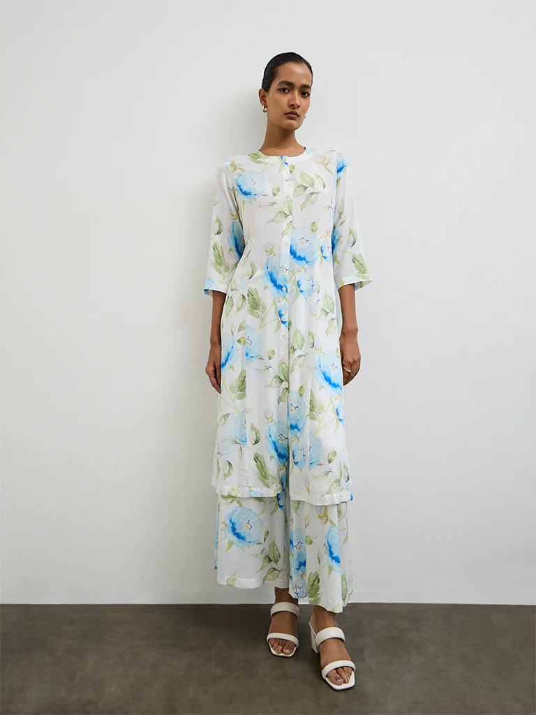 Zuba Blue Floral Printed A-Line Kurta - Image 2