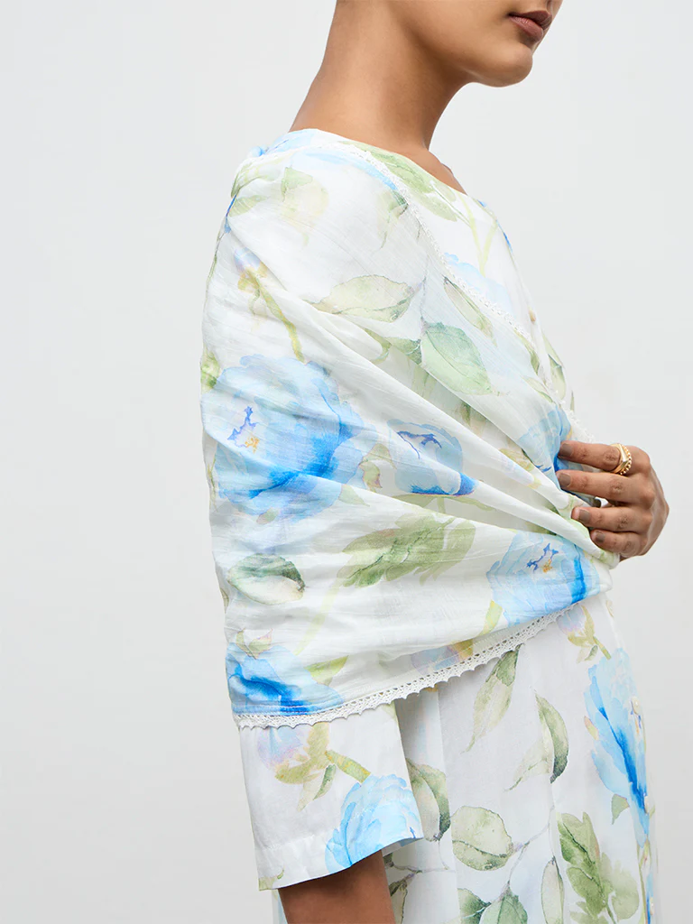 Zuba Blue Floral Printed Cotton Blend Dupatta - Image 2