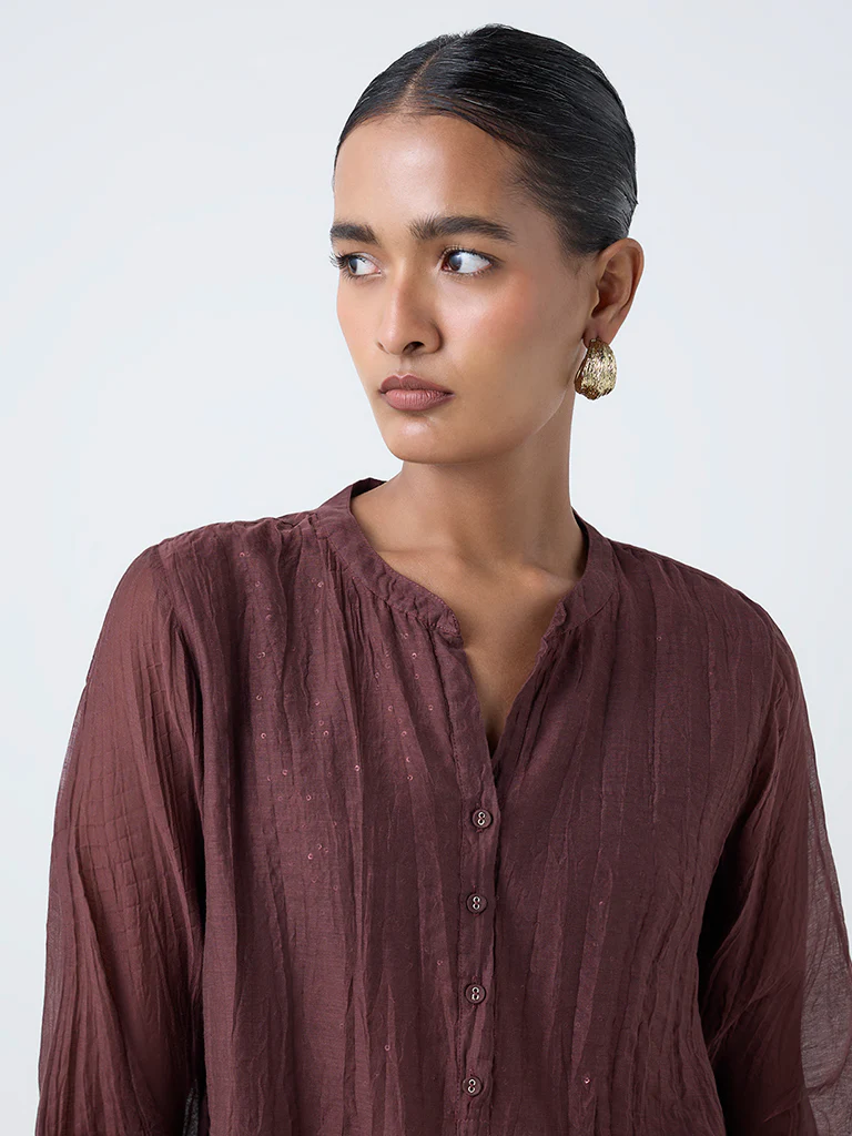 Zuba Brown Crinkle-Textured Cotton-Blend Tunic - Image 3