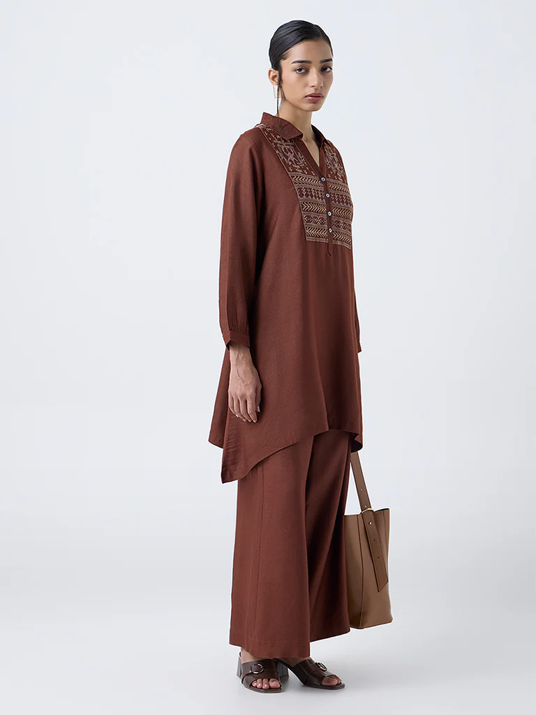 Zuba Brown Embroidered A-Line Kurta - Image 2