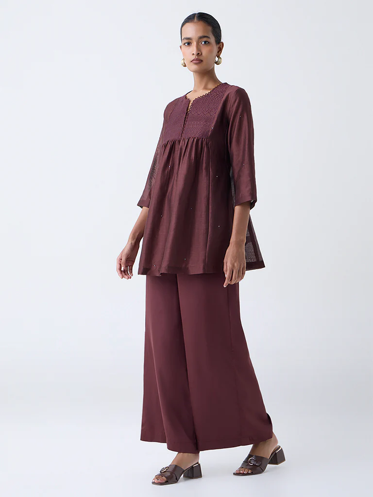 Zuba Brown Embroidered Cotton-Blend Tunic with Inner - Image 2