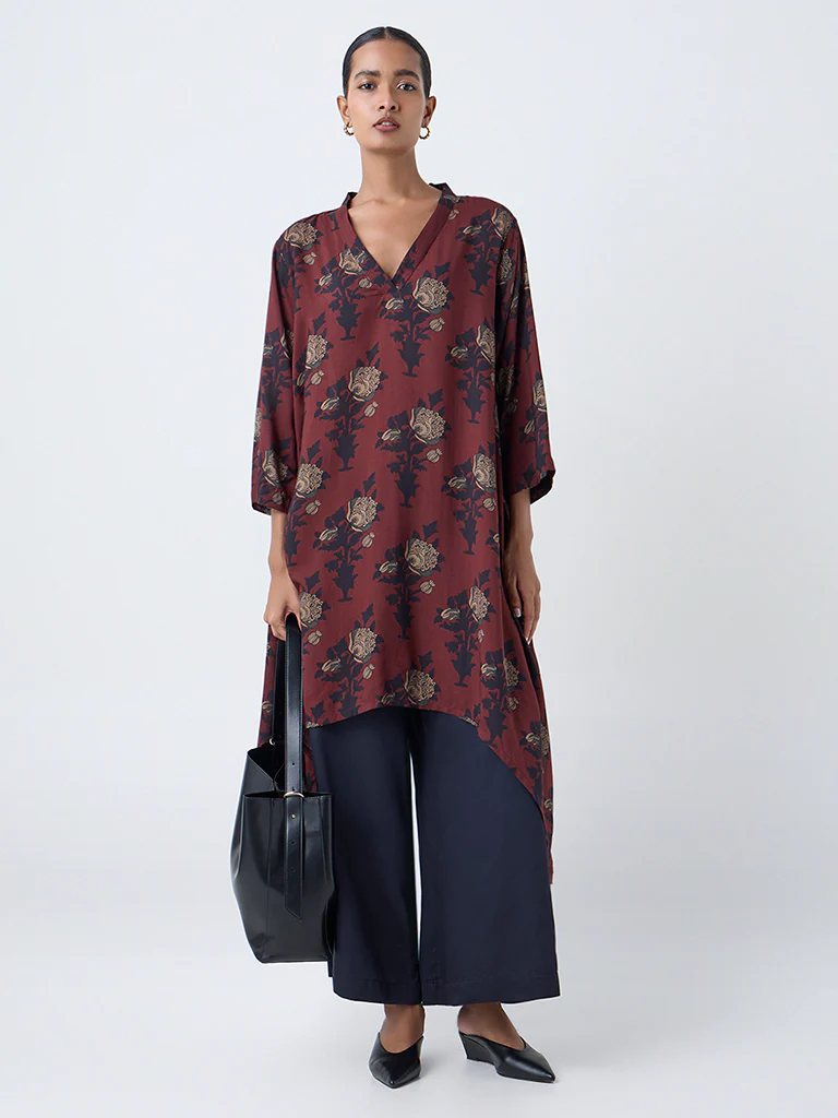 Zuba Brown Floral Pattern A-Line Kurta