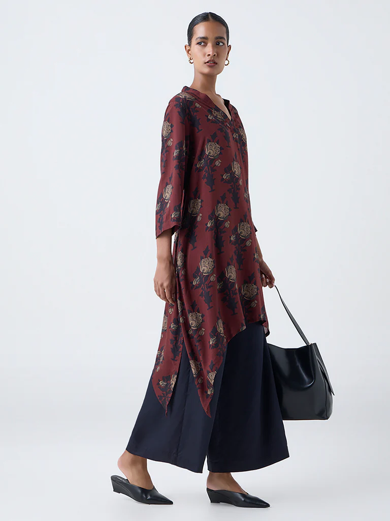 Zuba Brown Floral Pattern A-Line Kurta - Image 2
