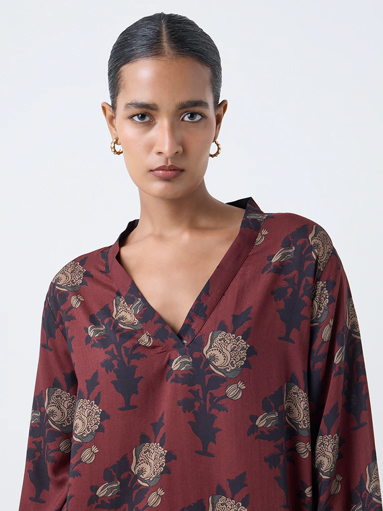 Zuba Brown Floral Pattern A-Line Kurta - Image 3