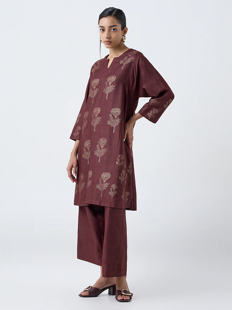 Zuba Brown Floral Printed A-Line Kurta