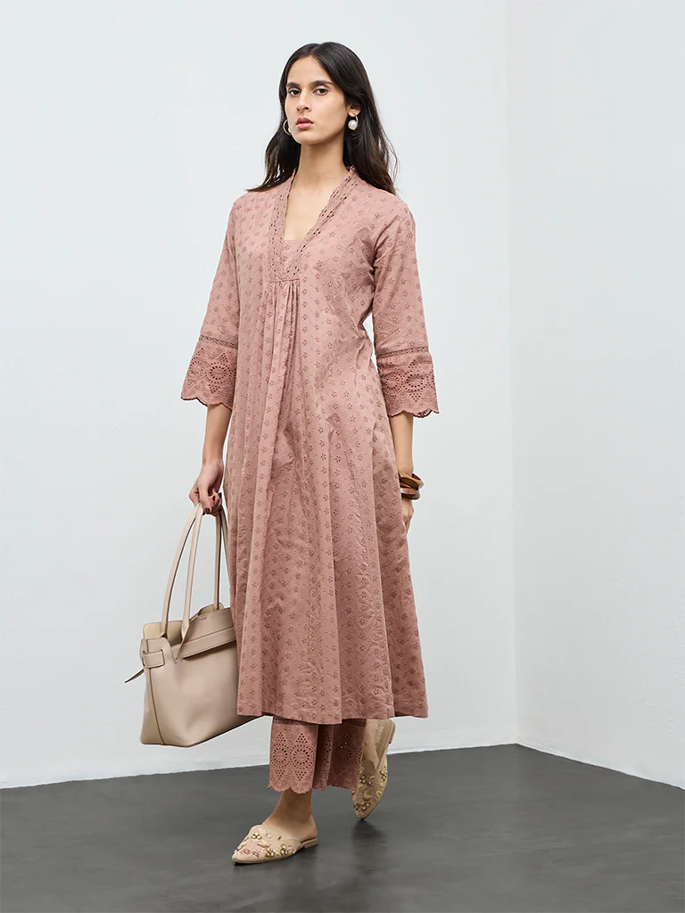 Zuba Brown Schiffli Embroidered Anarkali Kurta - Image 2
