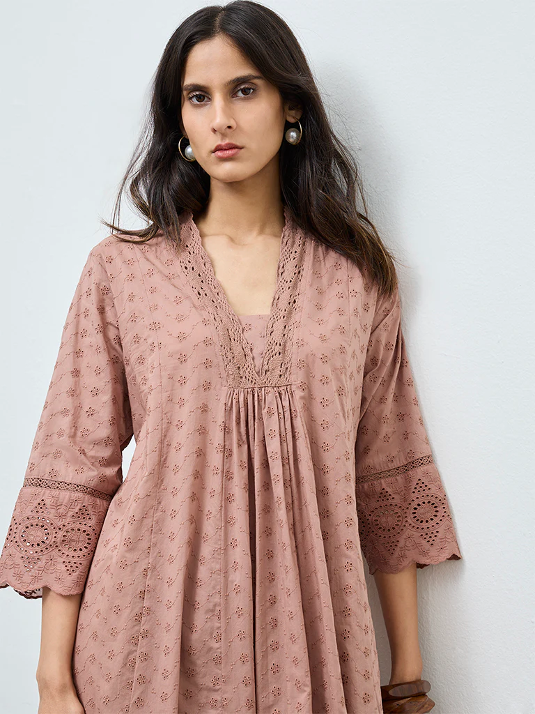 Zuba Brown Schiffli Embroidered Anarkali Kurta - Image 3