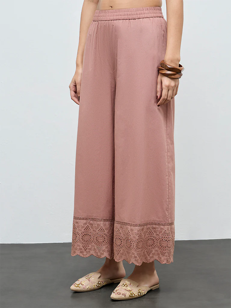 Zuba Brown Schiffli Embroidered Palazzos