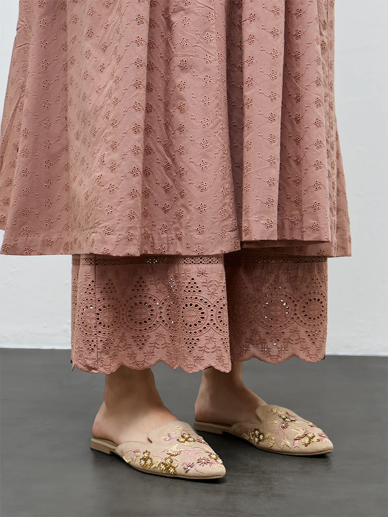 Zuba Brown Schiffli Embroidered Palazzos - Image 3