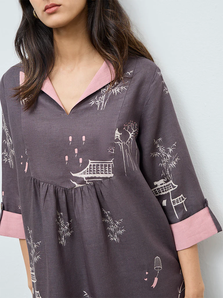 Zuba Charcoal Printed A-Line Kurta - Image 3