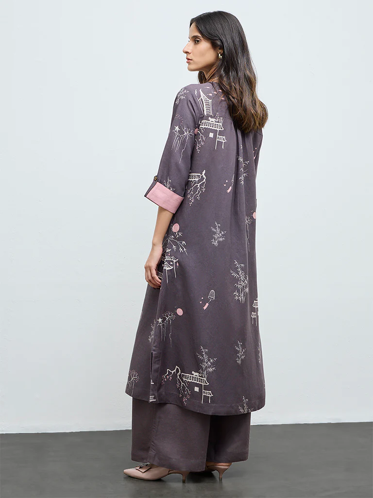 Zuba Charcoal Printed A-Line Kurta - Image 4