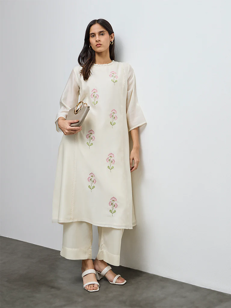 Zuba Cream Floral Embroidered Cotton-Blend A-Line Kurta - Image 2