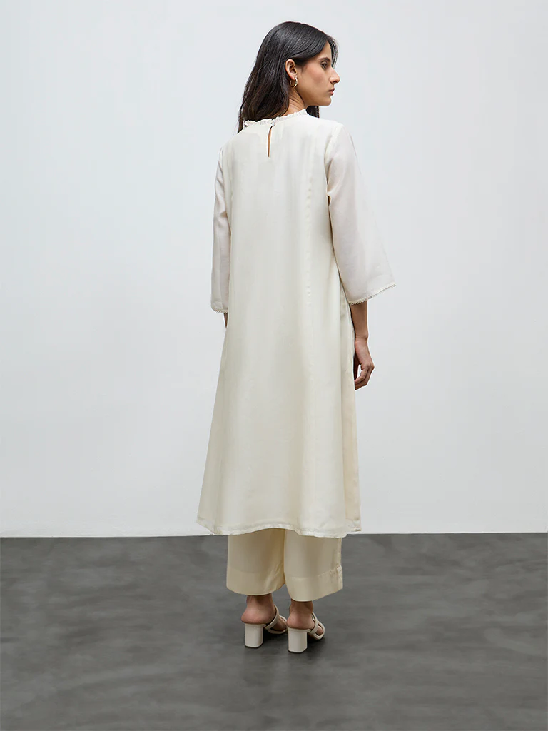 Zuba Cream Floral Embroidered Cotton-Blend A-Line Kurta - Image 4
