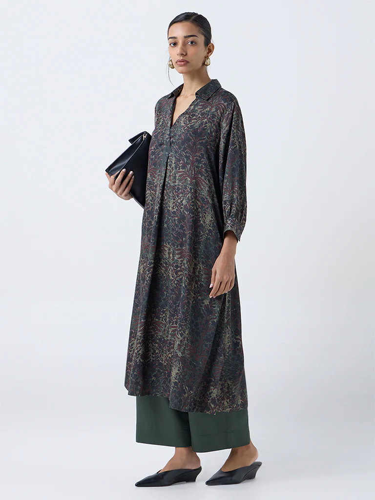 Zuba Dark Green Bagru Printed A-Line Kurta - Image 2