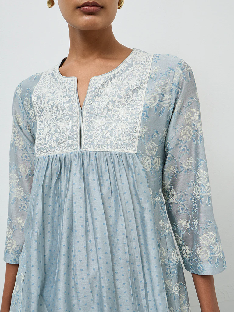 Zuba Dusty Blue Embroidered Cotton-Blend Anarkali Kurta - Image 3