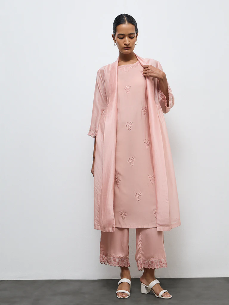Zuba Dusty Pink Floral Embroidered A-Line Kurta