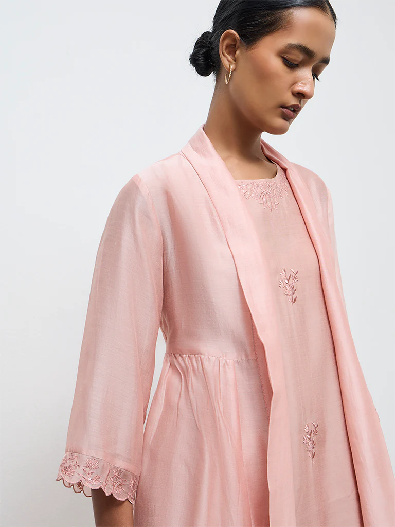 Zuba Dusty Pink Floral Embroidered A-Line Kurta - Image 2