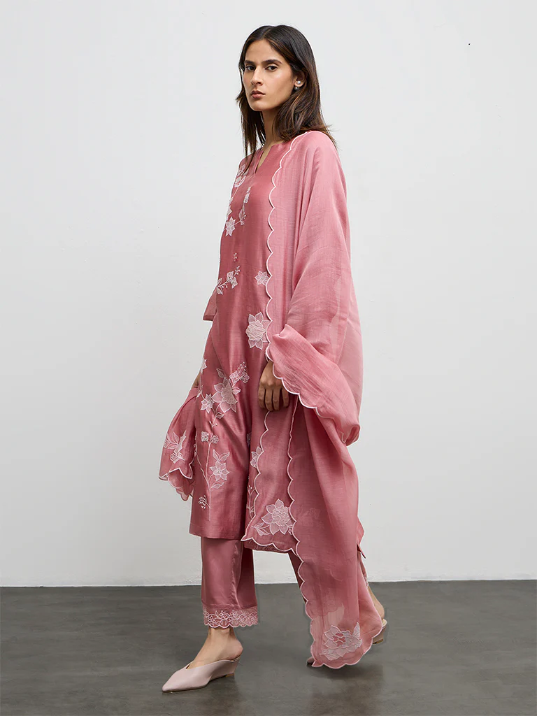Zuba Dusty Pink Floral Embroidered Pants - Image 2