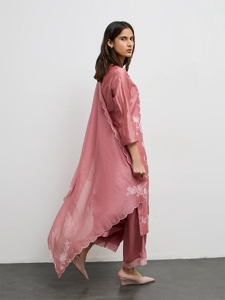Zuba Dusty Pink Floral Embroidered Silk Chanderi Dupatta - Image 2