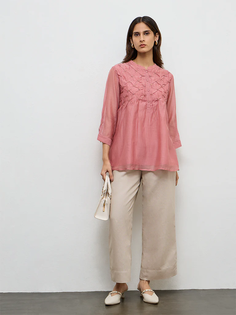 Zuba Dusty Pink Silk Chanderi Tunic - Image 2