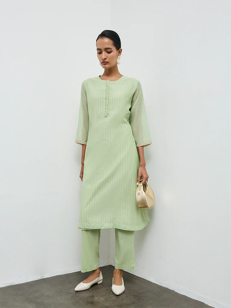 Zuba Green Cotton-Blend A-Line Kurta