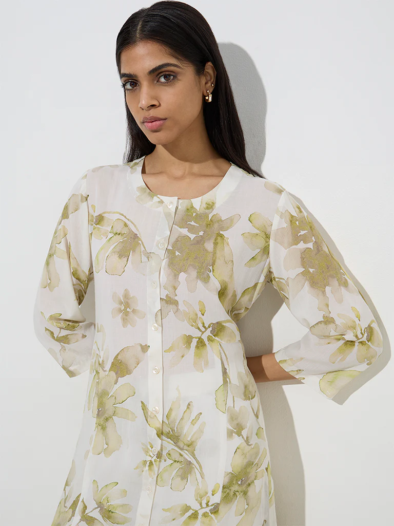 Zuba Green Floral Design A-Line Kurta - Image 2