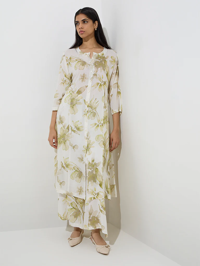 Zuba Green Floral Design A-Line Kurta - Image 3