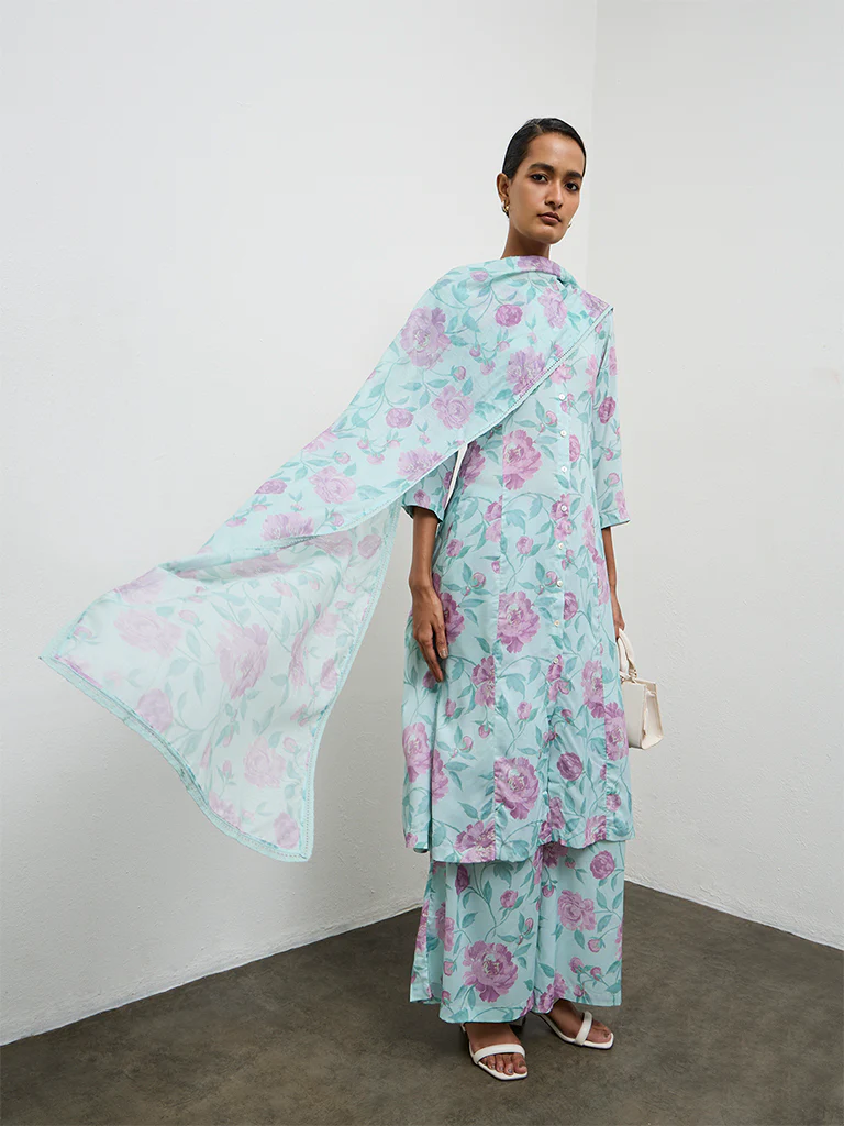 Zuba Green Floral Design Cotton-Blend Dupatta - Image 2