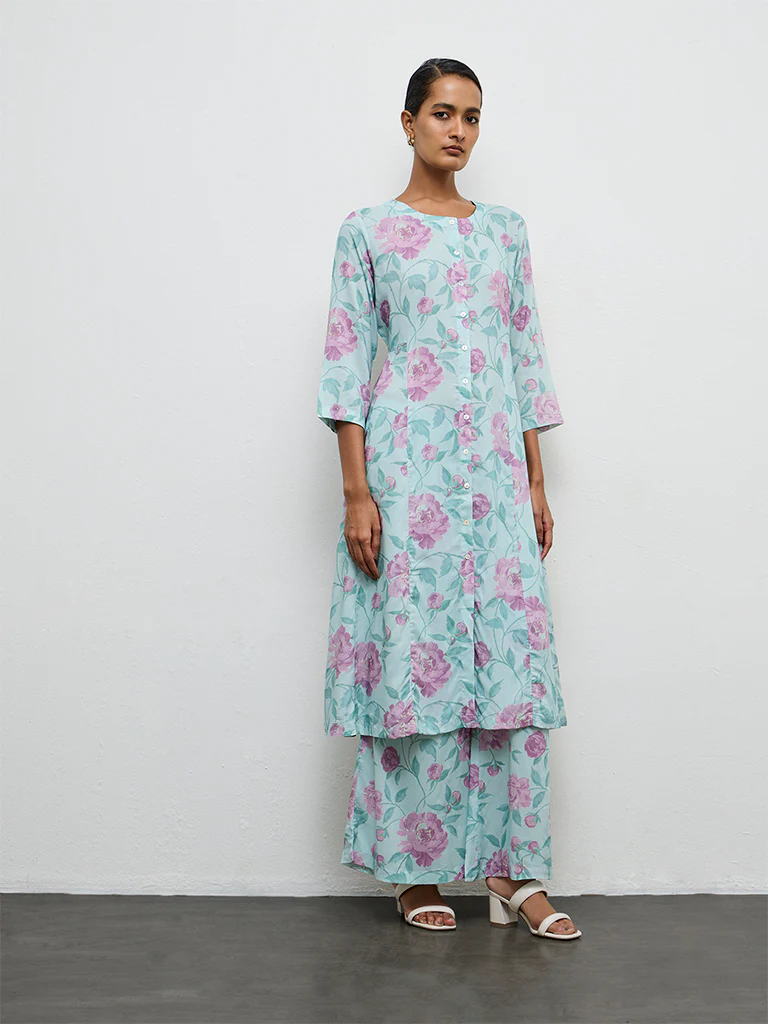 Zuba Green Floral Pattern A-Line Kurta - Image 2