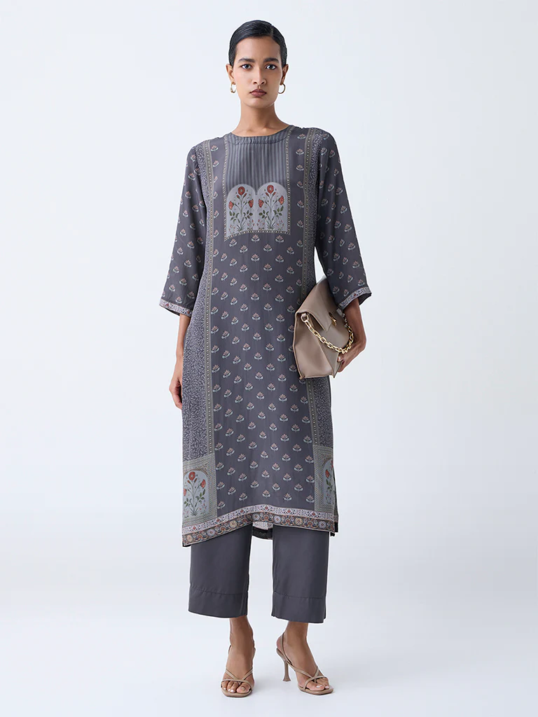 Zuba Grey Floral Pattern A-Line Kurta