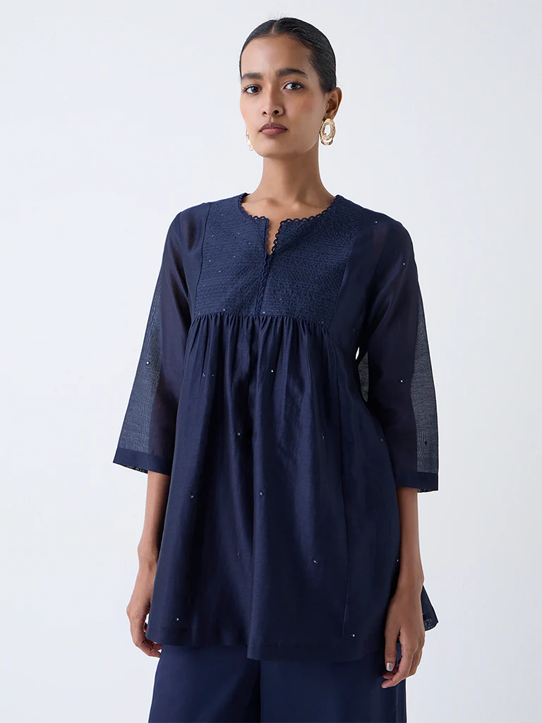 Zuba Indigo Mirror Embroidered Cotton-Blend Tunic with Inner