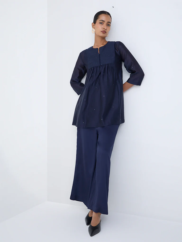 Zuba Indigo Mirror Embroidered Cotton-Blend Tunic with Inner - Image 2