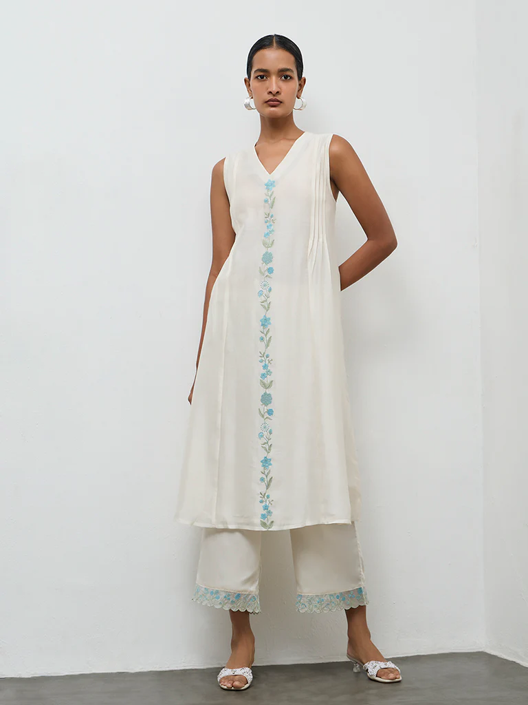 Zuba Ivory Embroidered Cotton-Blend A-Line Kurta