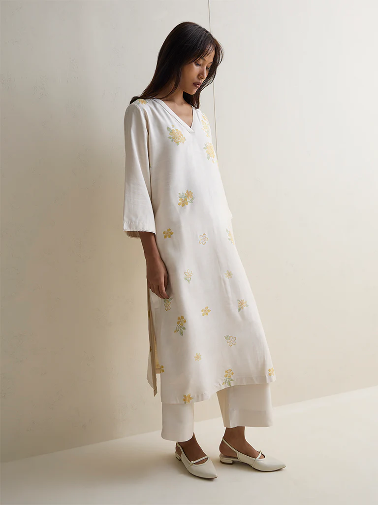 Zuba Ivory Floral Design A-Line Kurta
