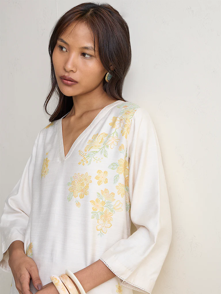 Zuba Ivory Floral Design A-Line Kurta - Image 3
