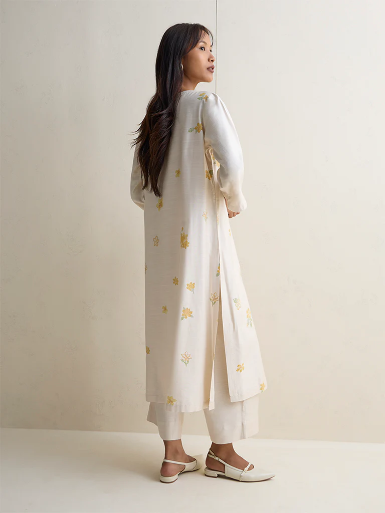 Zuba Ivory Floral Design A-Line Kurta - Image 4
