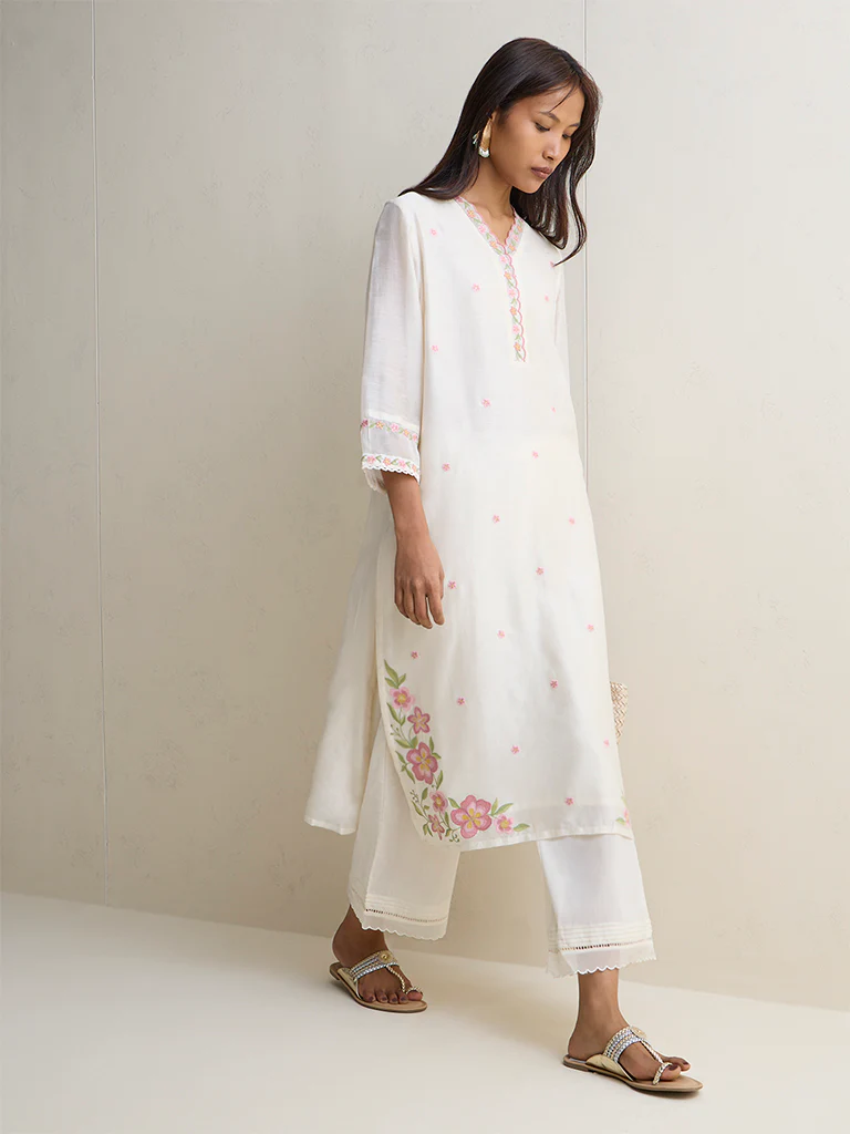 Zuba Ivory Floral Embroidered Cotton-Blend A-Line Kurta - Image 2