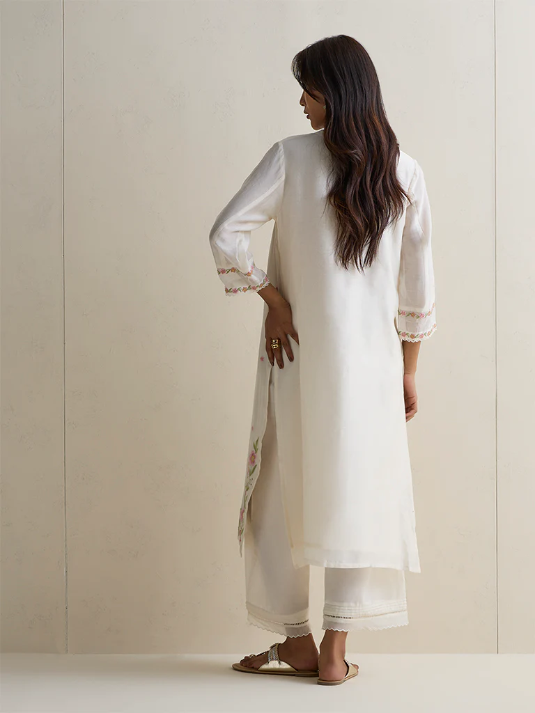 Zuba Ivory Floral Embroidered Cotton-Blend A-Line Kurta - Image 4
