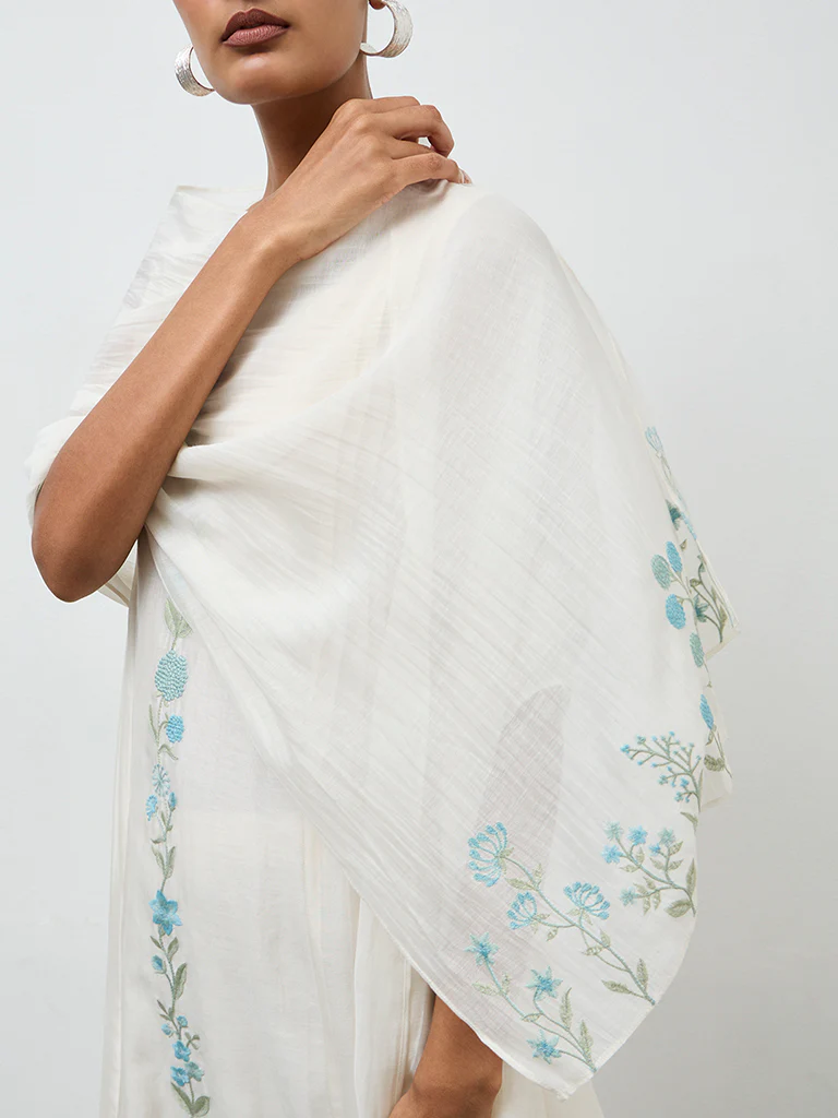 Zuba Ivory Floral Embroidered Dupatta - Image 2