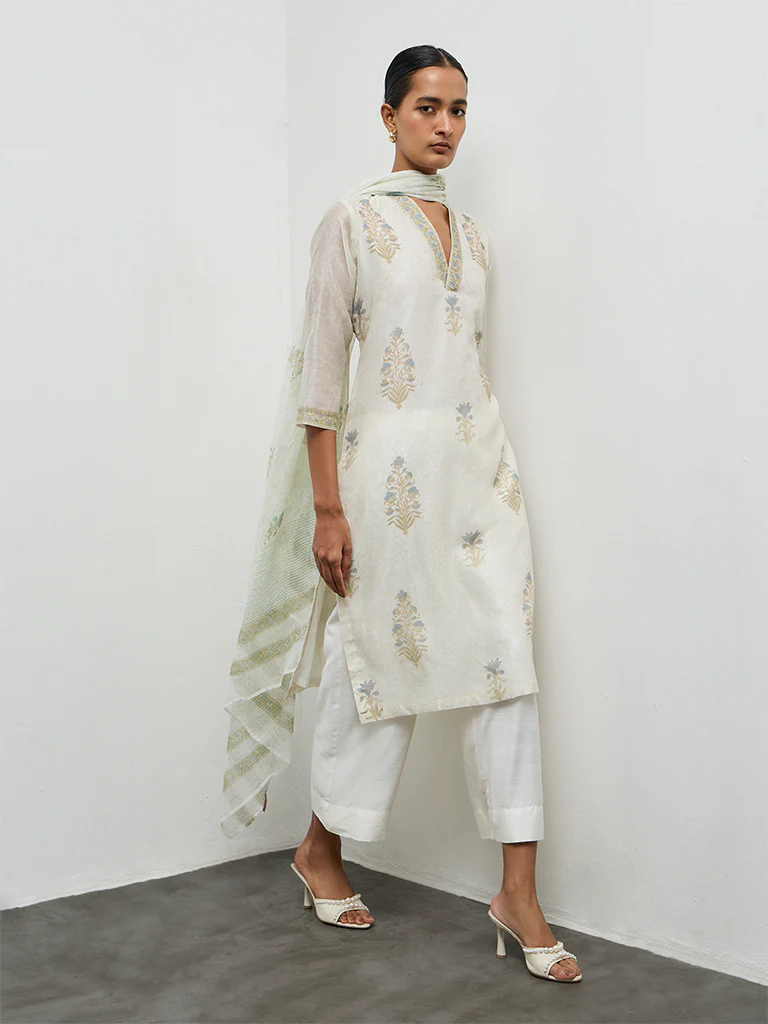 Zuba Ivory Printed Cotton-Blend A-Line Kurta - Image 2