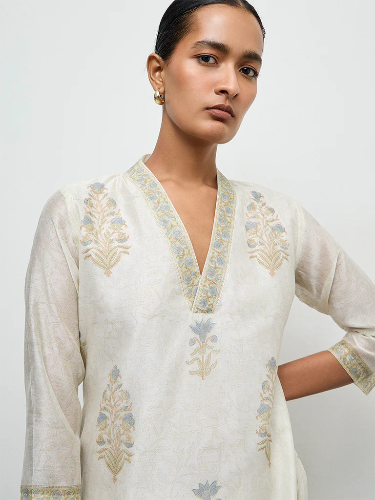 Zuba Ivory Printed Cotton-Blend A-Line Kurta - Image 3