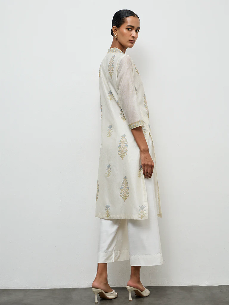 Zuba Ivory Printed Cotton-Blend A-Line Kurta - Image 4